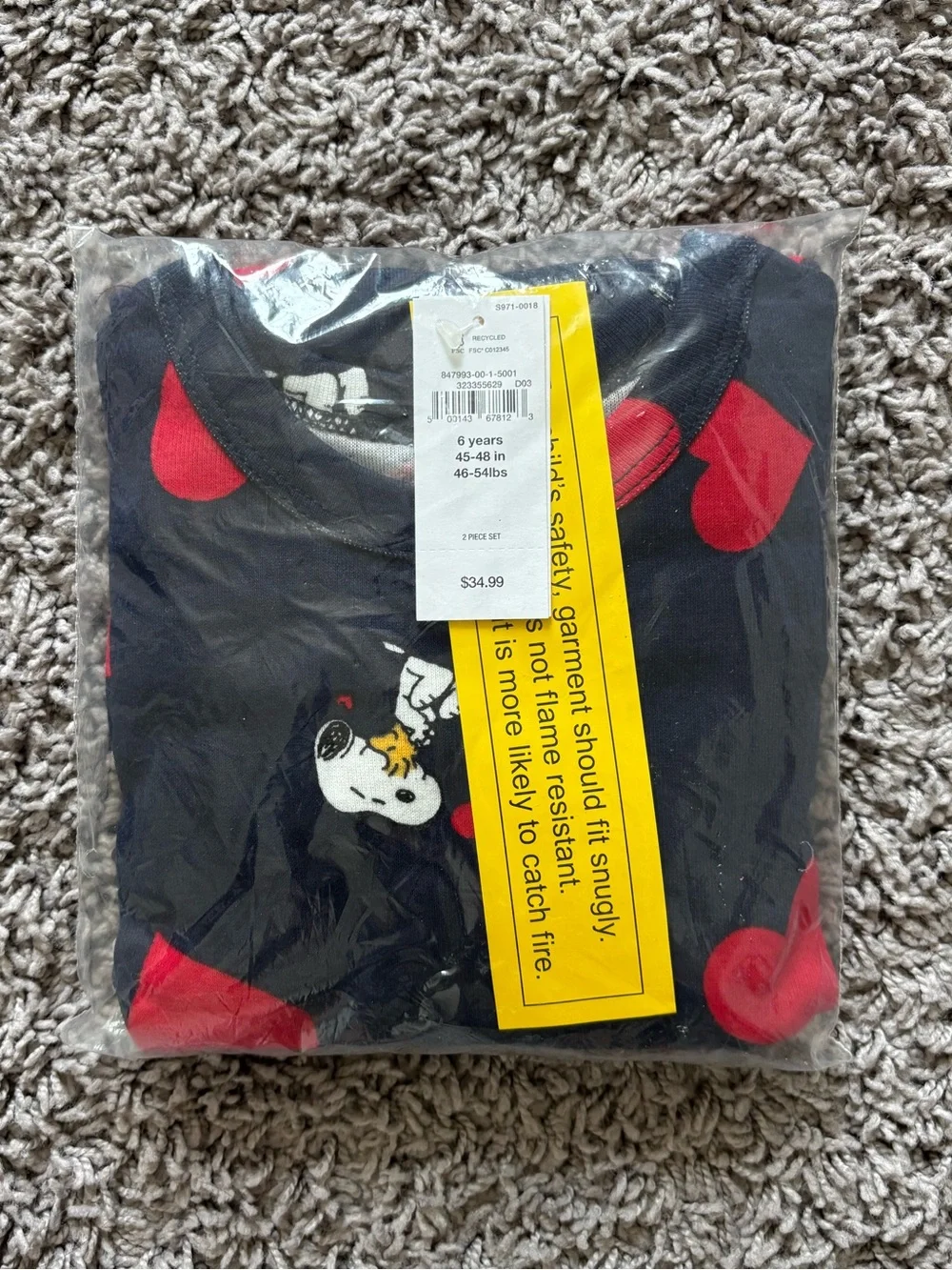 Baby Gap Peanuts Snoopy Valentine Hearts 100% Organic Cotton Pajama Set